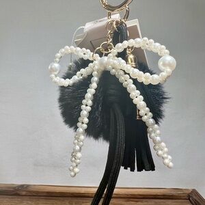 Elegant Black Pom Pom Bag Charm With Pearl Bow and Tassels